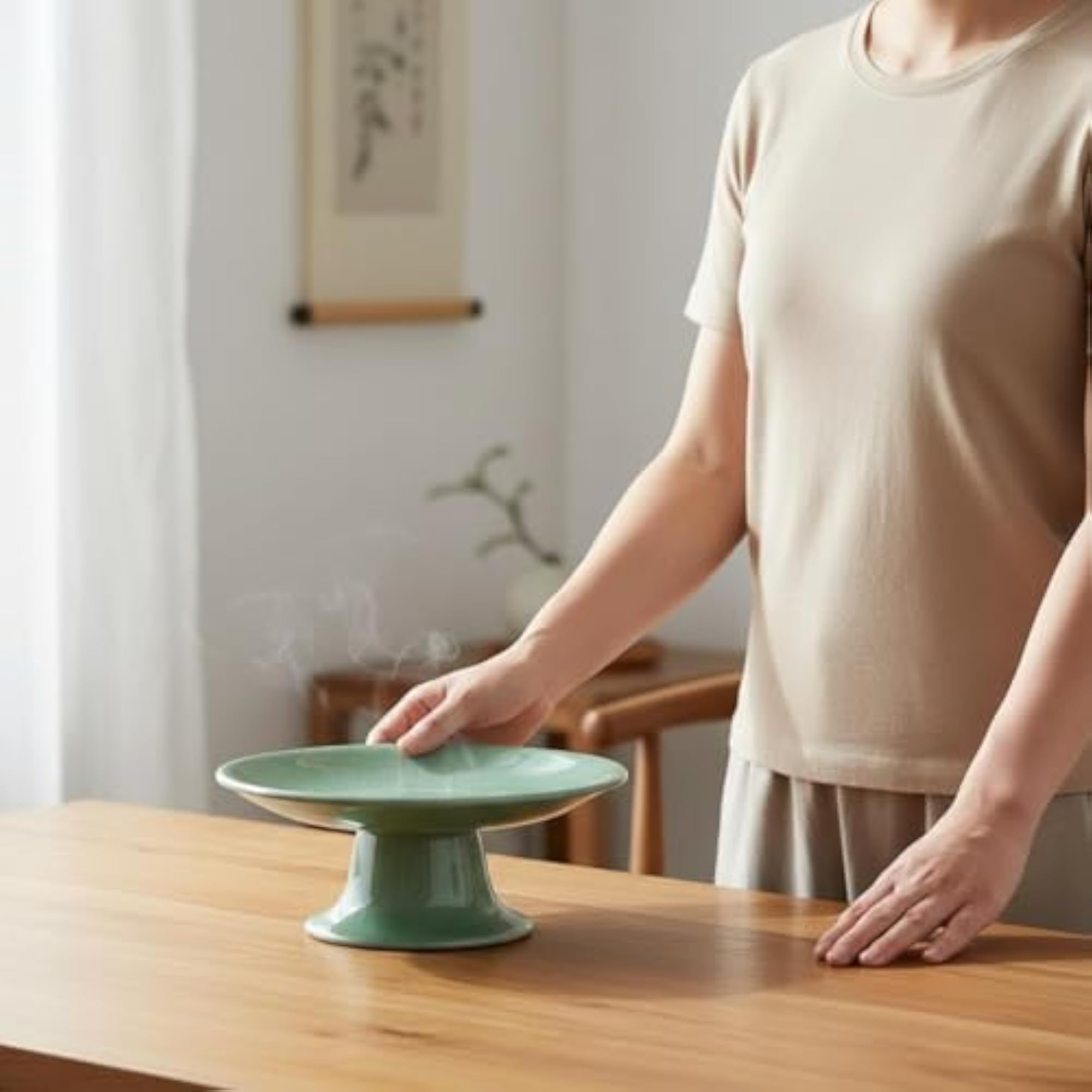 Ceramic Celadon Pedestal Plate for Home Altar Offering